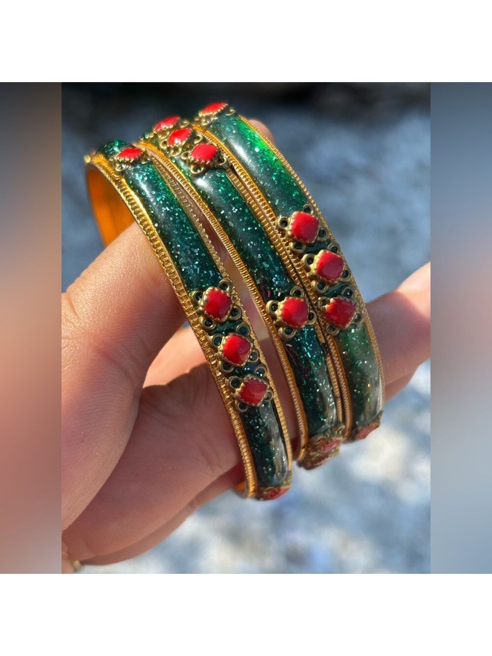 SET OF 5 Bright Multicolour Bangles Set Red and Green - Picture 6 of 9